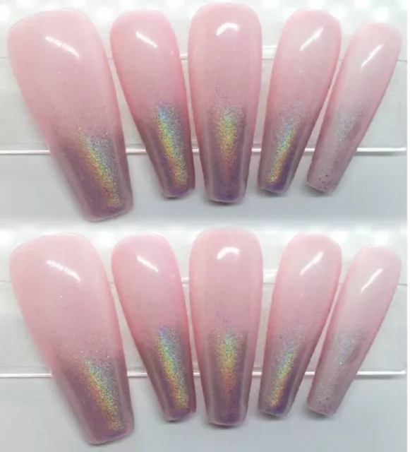 * Hand Painted * Press On False Nails - Custom Fit, Bride, Pink Holo Ombré Fade