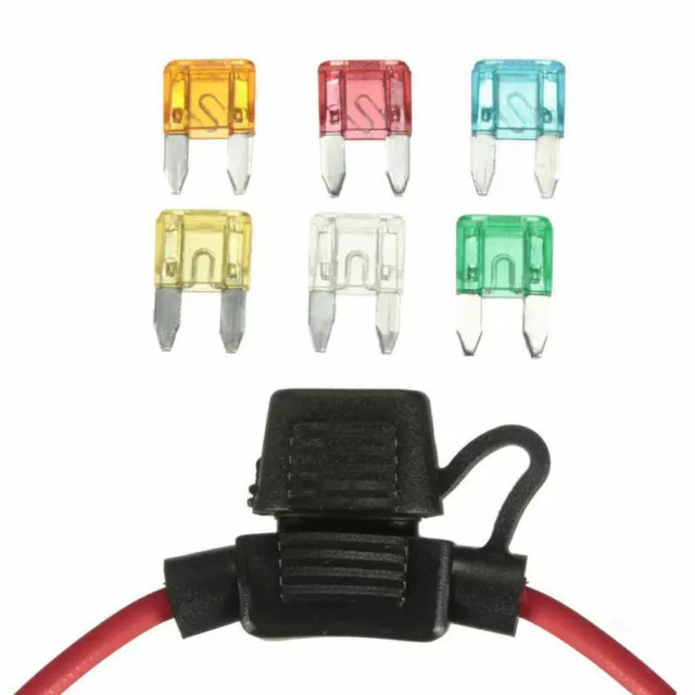 12V Car Splash Proof In-Line Mini Blade Fuse Holder + 5/10/15/20/25/30 Amp Fuses