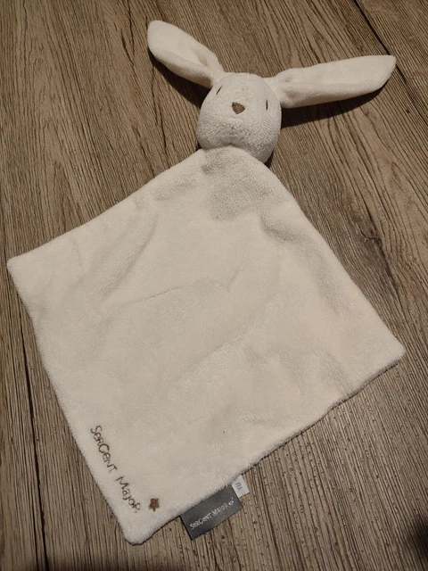 Doudou Sergent Major Lapin Plat Blanc Beige Ecru Losange tbe