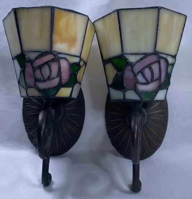 Vintage Set Of 2 Stained Glass Votive Candle Wall Sconce Brass Base Rose Pattern