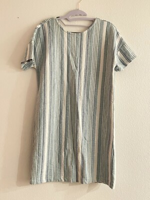 Zara Trafaluc Size S/M Green Striped Button-Back Mini Shift Dress Short Sleeve