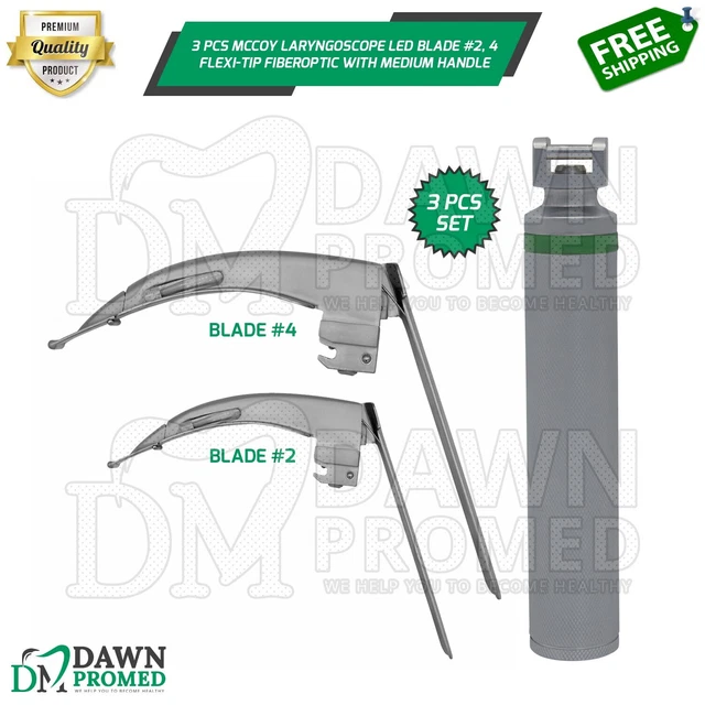 3 Pcs Mccoy Laryngoscope Flexi-Tip Fiberoptic Led Blade #2, 4 Medium Handle
