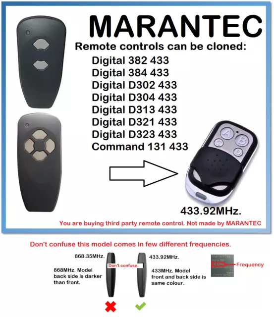 Marantec Digital D382, D384 433 Universal Remote Control Duplicator 433.92MHz.