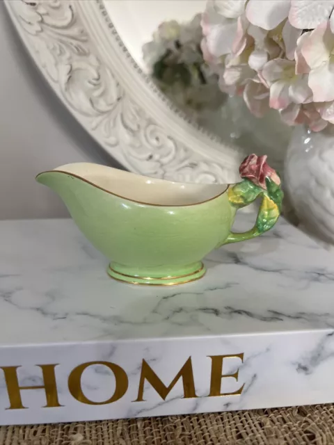 ROYAL WINTON GRIMWADES CREAMER PITCHER ROSEBUDS GREEN Vintage GOLD TRIMMER 2