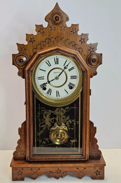 Antique Working 1879 INGRAHAM 8 Day Victorian Walnut Parlor Mantel ClocK