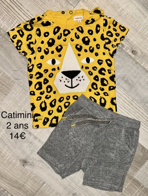 Catimini 2 Ans Garçon : T Shirt Tigre + Short Gris TBE