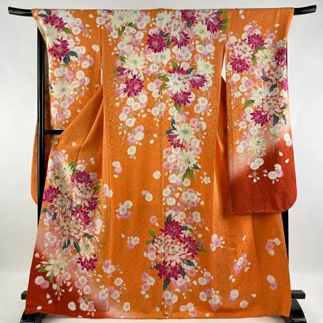 Woman Japanese Kimono Furisode Silk Flowers Gold Thread Orange