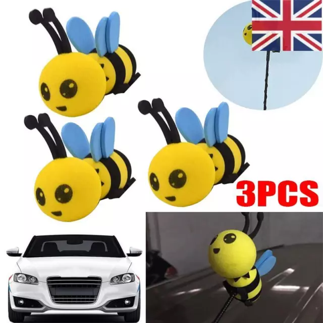 3x Car Antenna Toppers Cute Honey Bee Aerial Balls Happy Face Bumble Bee Car UK