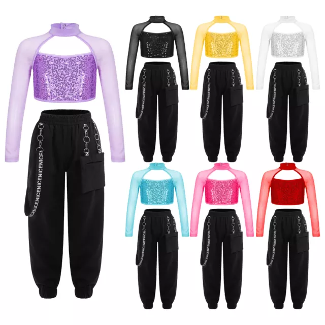 Girls Hip Hop Jazz Street Modern Dance Costume Long Sleeve Mock Neck Sequins