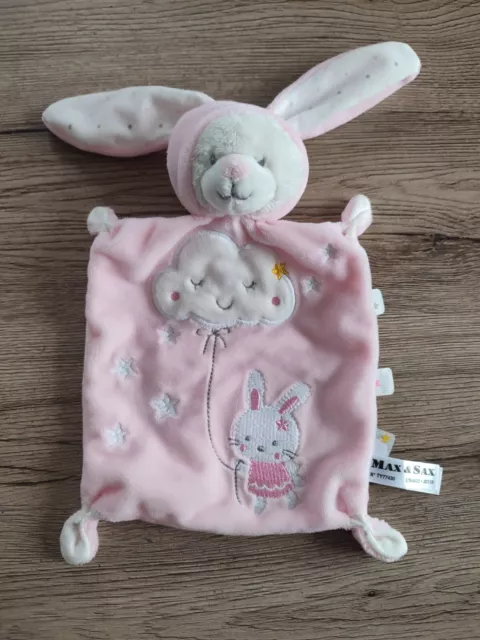 Doudou plat Ours blanc et rose lapin brodé nuage étoiles Max & Sax Carrefour