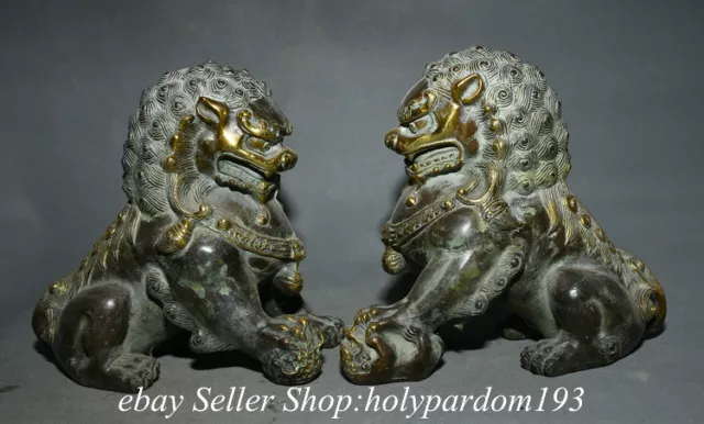 8" Collect Old China Bronze Gilt Fengshui Foo Fu Dog Guardion Lion Statue Pair