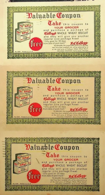 1934 Three Kellogg's Buy One- Get One Postcard Coupons- Dd-48