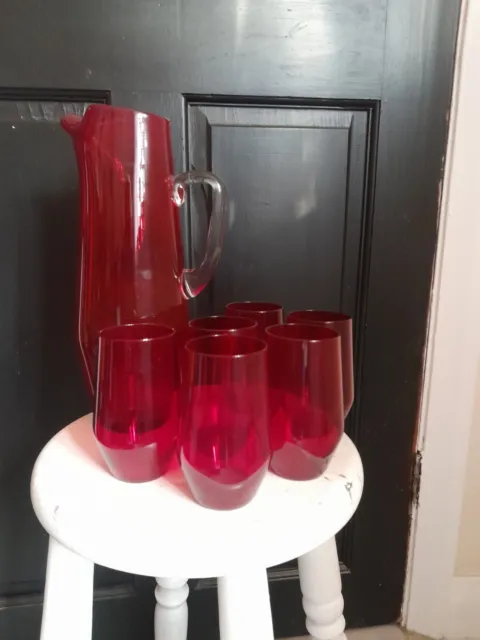 Whitefriars vintage Ruby  Mcm pinch top jug set 6 glass hand blown Beautiful Set