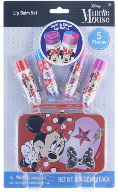 Disney Minnie Mouse Swirl & Stripe 5 PC Lip Balm Collectible Tin Gift Set Age 3+