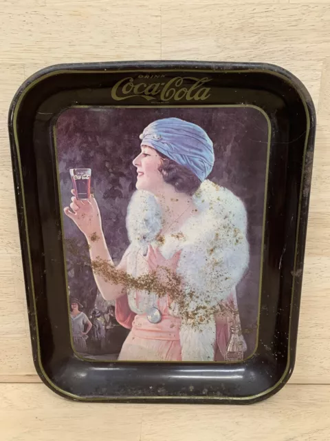 Vintage Coca-Cola Serving Tray 1925 Girl With Fur Oval Metal Tray  13” x 10.5”