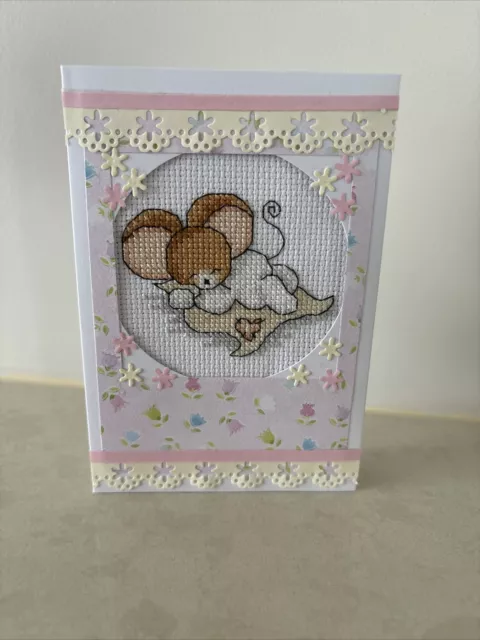 Baby Mouse Hand Stitched Cross Stitch Greeting Card - New Baby **NEW**