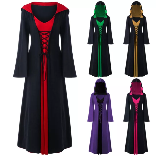 Womens Halloween Witch Costume Lace-up Witch Dress V Neck Patchwork Hooded Robe