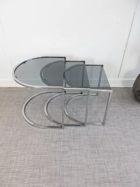 Vintage Mid Century 1970s Italian Chrome & Smoked Glass Nest of Tables