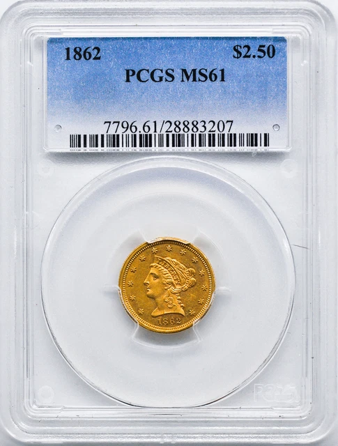 1862 Liberty Head $2.5 Pcgs Ms 61
