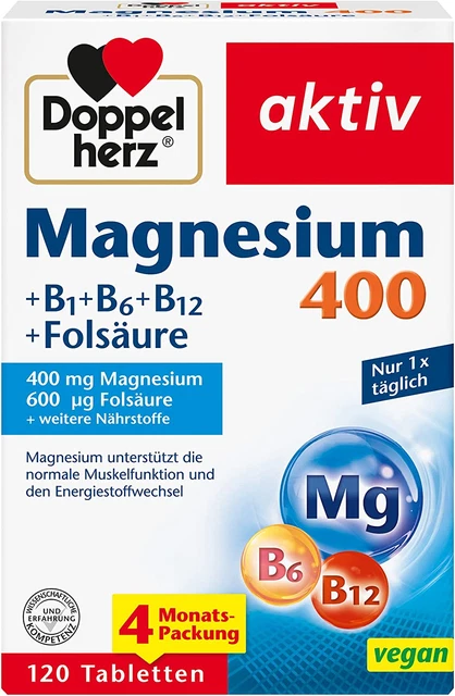 Doble corazón magnesio 400 + B1 + B6 + B12 + ácido fólico - magnesio apoya el