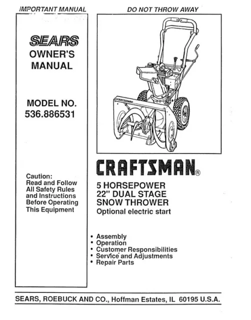Craftsman Snow Thrower 9 Horsepower Electric Start 29”Dual Start Model  536877990