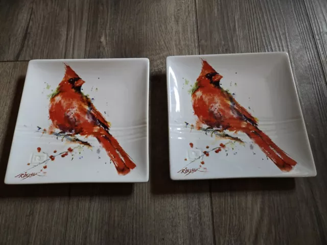 Two Dean Crouser Big Sky Carvers Watercolor Red Cardinal Bird Stoneware Plate 7"