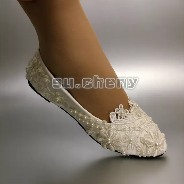 Su.cheny Piatto/4cm/8cm Tacchi Pizzo Bianco Perle Fiore Scarpe da Sposa 5-13