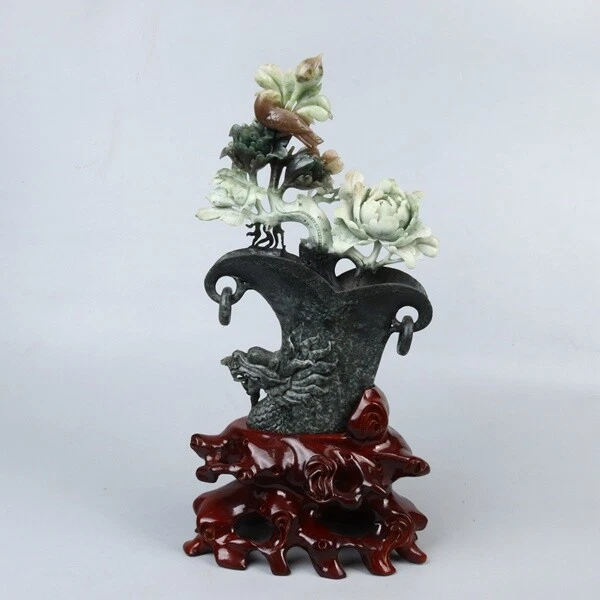 Chinese Exquisite Hand carved Flower bird cup Carving Dushan jade statue
