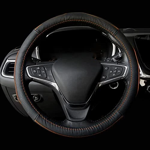 QianBao Genuine Leather Car Steering Wheel Cover Black for 13.5 to 14.2 inche...