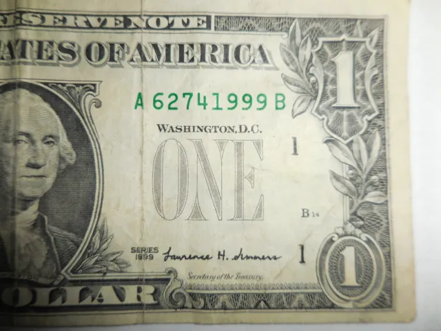 1999 $1 Dollar Frn  "No Green Seal"Off Center Cut/1999 Ser.#/"A" Bank Of Boston