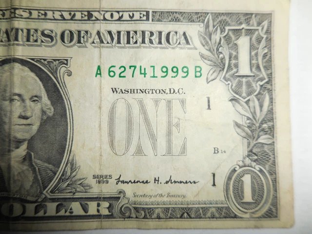 1999 $1 Dollar Frn  "No Green Seal"Off Center Cut/1999 Ser.#/"A" Bank Of Boston