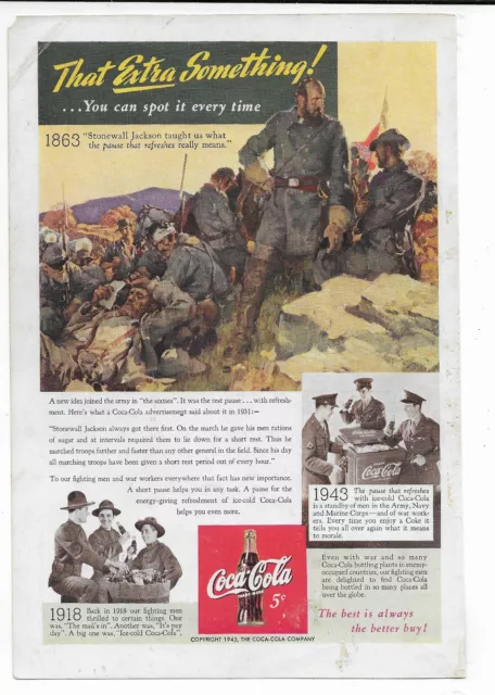 Vintage Print Ad Coca Cola Stonewall Jackson Soldier's Coke  Pause  1943