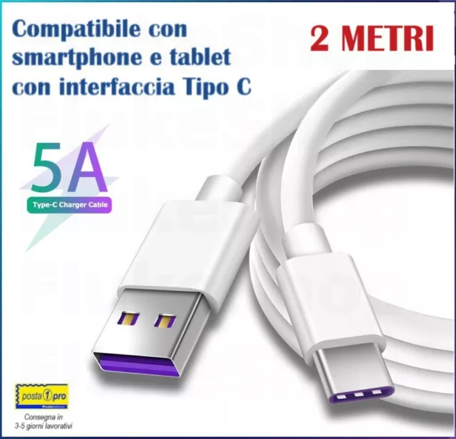 Cavo Usb Tipo C 5A Cavetto 2 Metri Caricabatteria Ricarica Type-C Fast Charge