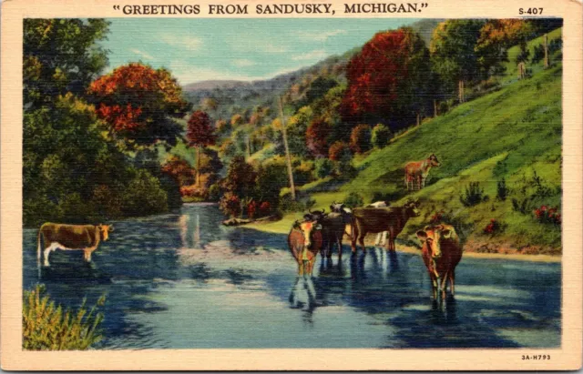 Vtg Scenic Greetings from Sandusky Michigan MI Cattle River 1930s Linen Postcard