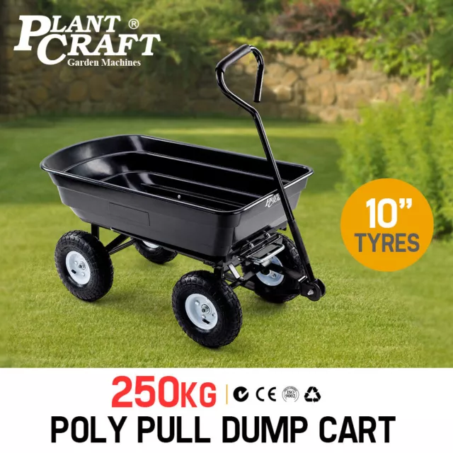 PlantCraft 250kg Poly Pull Dump Cart Garden Hand Trailer Wagon Lawn Wheelbarrow