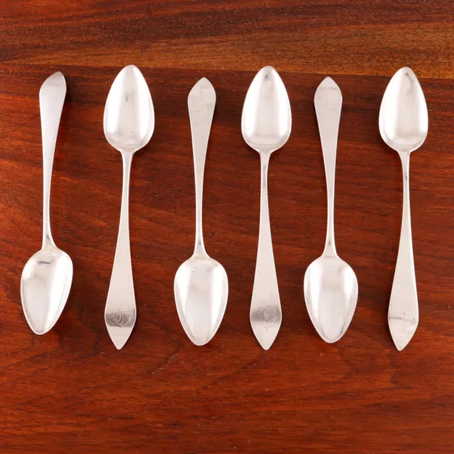 6 Superb American Coin Silver Teaspoons Downturned Pointed End 1790 Monogram D