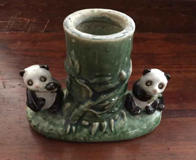 Vintage Porcelain ceramic Vase or Planter w/ Lucky Bamboo and 2 Panda figurines
