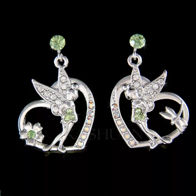 Green Tinkerbell made with Swarovski Crystal Heart Dragonfly ANGEL Earrings Cute