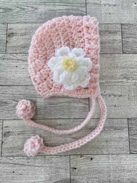 Crochet Newborn Baby Bonnet Pink 3D Flower Photo Prop Shower Gift m622