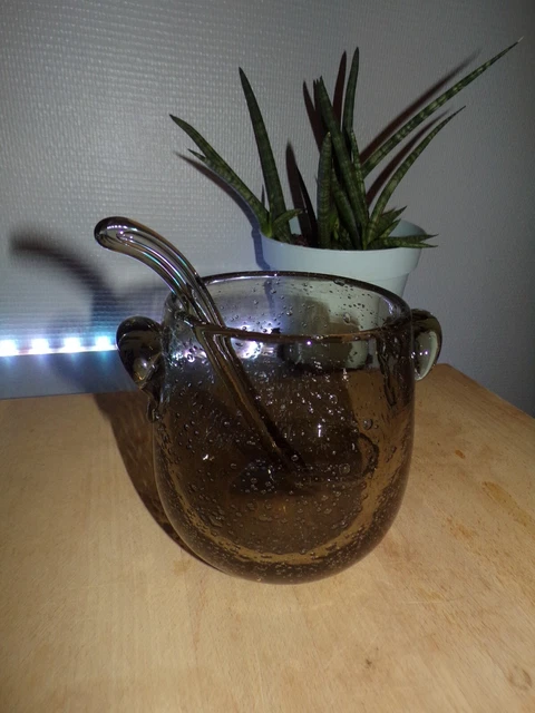 Seau à Glaçons Vintage 1970 - Verre Ou Cristal à Bulles - Poignée Torsadée - H 13,5cm
