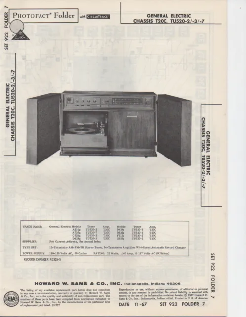 1967 General Electric T20C Radio Phonograph Service Manual Photofact Schematic +