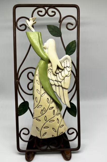 Folk Art Angel Figurine Holding Dove Metal Frame Wall Hanging