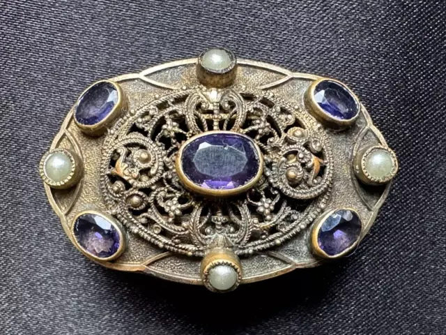 Magnificent French Antique Victorian Brooch - Amethysts, Pearls 1 7/8 by 1 1/8"