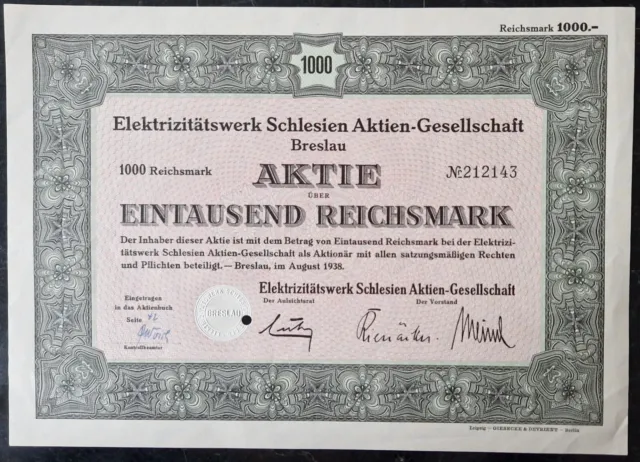 Elektrizitätswerk Schlesien AG, Aktie über 1.000 RM, Breslau, 1938 - Original