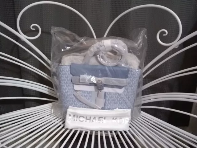 Michael Kors LG Blue White LEGACY Hamilton Belted Satchel Signature PurseDustbag