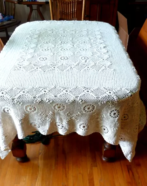 Handmade Crochet Intricate Detailed Heavy Cotton Tablecloth 64”X80”Vtg Beige