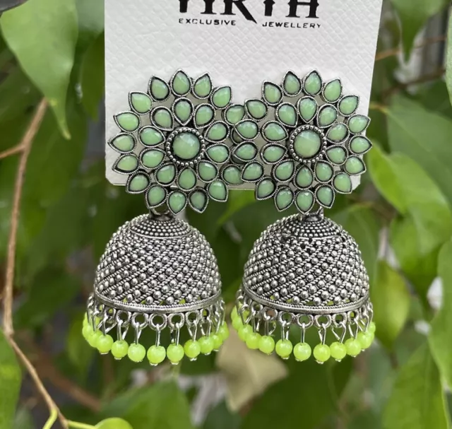 *UK Seller* Indian Bollywood Ethnic  Pearl Fashion Earrings Jhumka Jhumki- Green