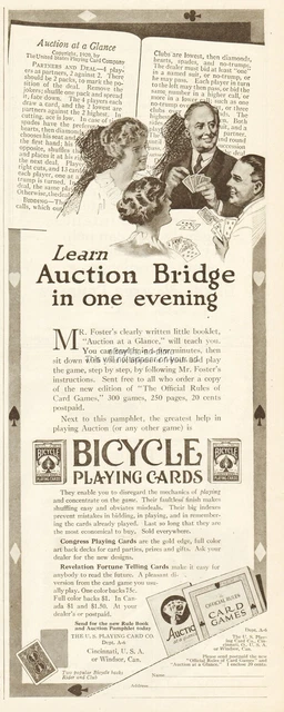 1921 Bicycle Playing Cards Auction Bridge US Playing Card Co Cincinnati OH Ad