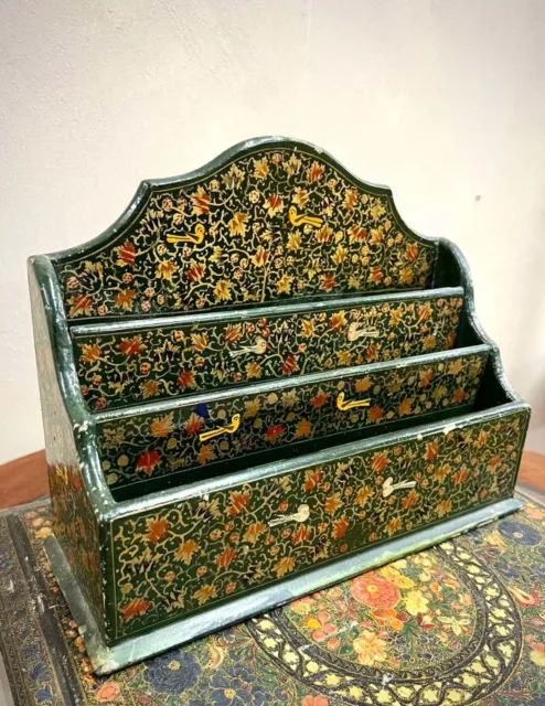 Kashmiri Letter Tray Hand Painted Floral Birds Green Gold Antique Decorative