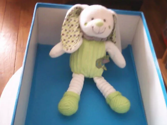 Doudou 3416 / Peluche Lapin "Nicotoy" Blanc/Vert - Rond - Pois - Etiquettes